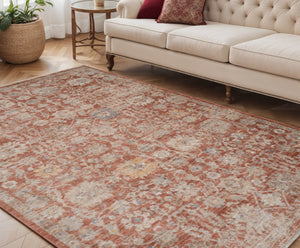 HomeRoots 5' Brick Red and Gray Floral Medallion Area Rug with Fringe - Stain-Resistant, Durable Design 5' X 7' 570960