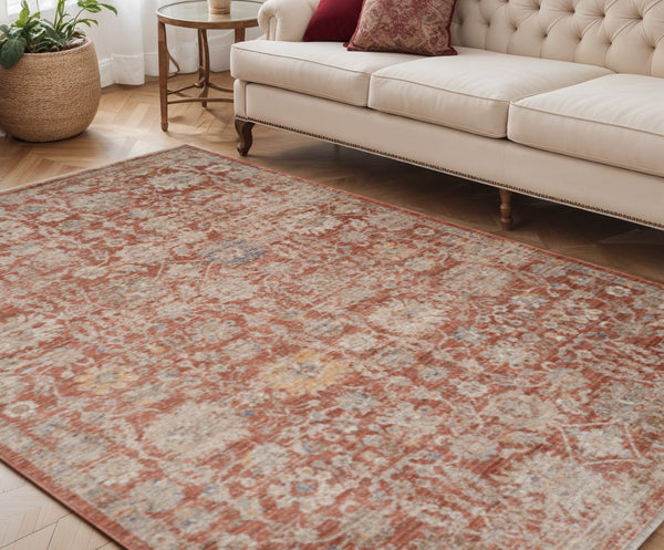 HomeRoots 5' Brick Red and Gray Floral Medallion Area Rug with Fringe - Stain-Resistant, Durable Design 5' X 7' 570960