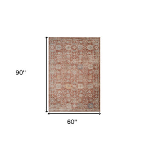 HomeRoots 5' Brick Red and Gray Floral Medallion Area Rug with Fringe - Stain-Resistant, Durable Design 5' X 7' 570960
