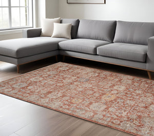 HomeRoots 5' Brick Red and Gray Floral Medallion Area Rug with Fringe - Stain-Resistant, Durable Design 8' X 10' 570961