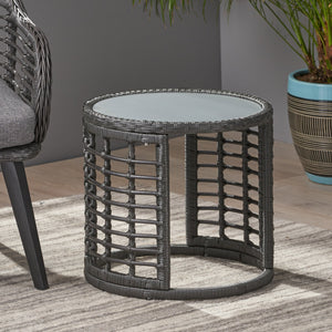 English Elm Christopher Knight Home® - TATIANA Side Table Rattan Accent with Sleek Round Profile, Durable Woven Texture, Compact Design Grey 66027.00GRY
