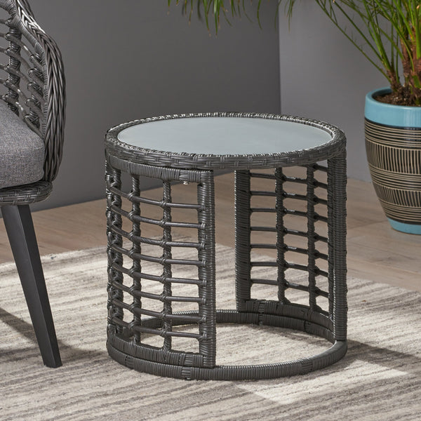 English Elm Christopher Knight Home® - TATIANA Side Table Rattan Accent with Sleek Round Profile, Durable Woven Texture, Compact Design Grey 66027.00GRY