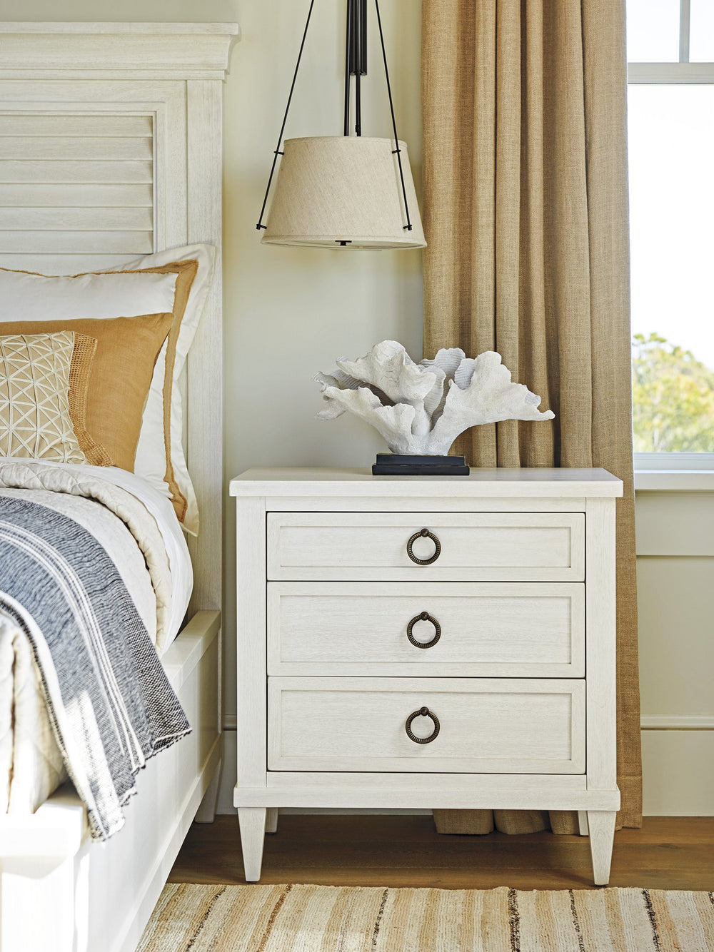 Lexington Tommy Bahama Home Bonita Nightstand - Coastal Elegance With 3 Drawers, Shell White Finish, And Custom Aged Pewter Hardware Caribbean Sands  570-621
