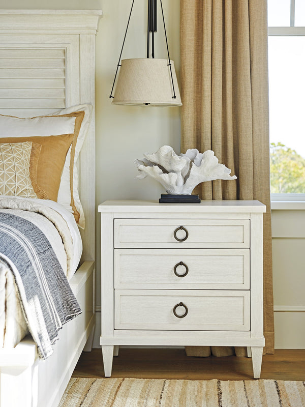 Lexington Tommy Bahama Home Bonita Nightstand - Coastal Elegance With 3 Drawers, Shell White Finish, And Custom Aged Pewter Hardware Caribbean Sands  570-621