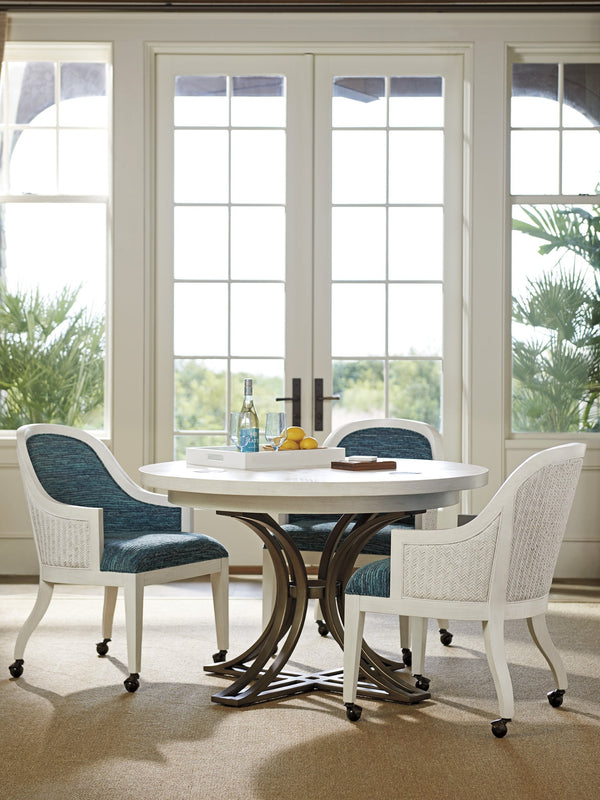 Lexington Tommy Bahama Home Marsh Creek 48-inch Round Dining Table - Coastal Elegance With Radial Veneer And Aged Pewter Base Caribbean Sands  570-872c