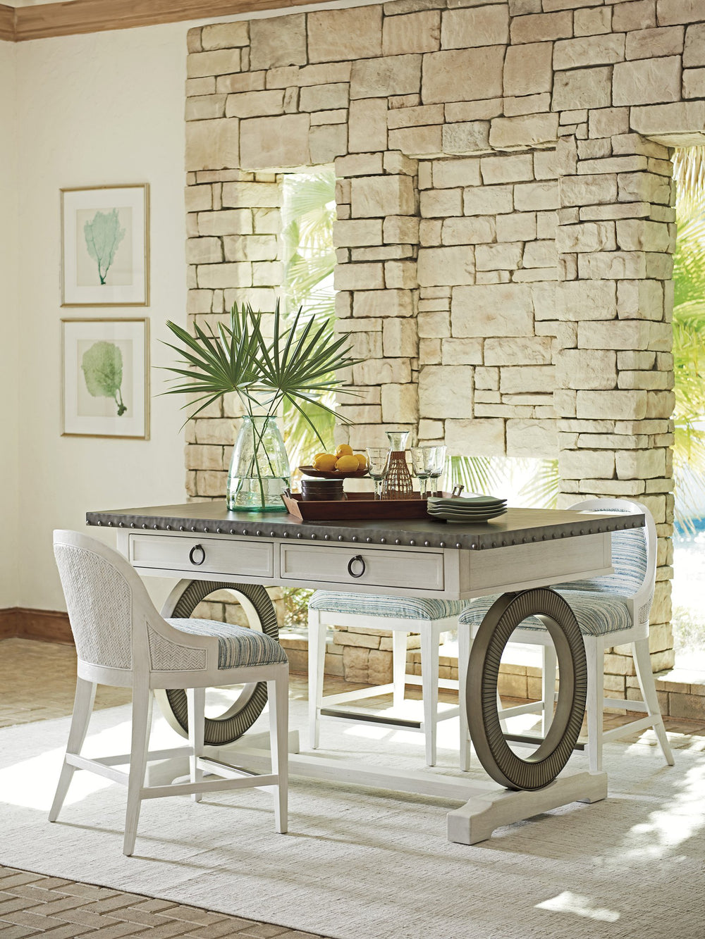 Lexington Tommy Bahama Home Sawgrass Bistro Table - Elegant Coastal Design With Hammered Stainless Steel Top And Storage Drawers Caribbean Sands  570-873