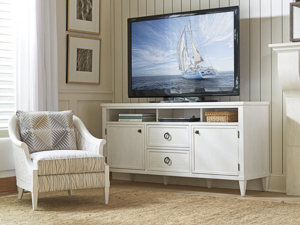 Lexington Tommy Bahama Home Dockside Media Console - Coastal Elegance With Adjustable Shelves, Sound Bar Compartment, And Storage Solutions Caribbean Sands  570-907