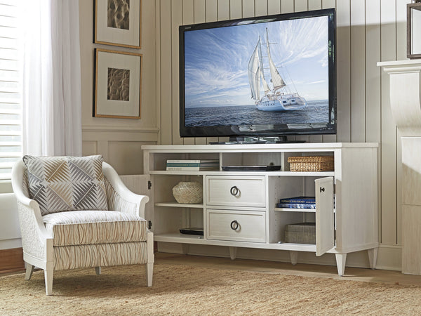 Lexington Tommy Bahama Home Dockside Media Console - Coastal Elegance With Adjustable Shelves, Sound Bar Compartment, And Storage Solutions Caribbean Sands  570-907