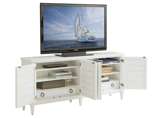 Lexington Tommy Bahama Home Lantern Bay Media Console - Coastal Elegance With Louvered Doors, Adjustable Shelves, And Storage Solutions Caribbean Sands  570-908