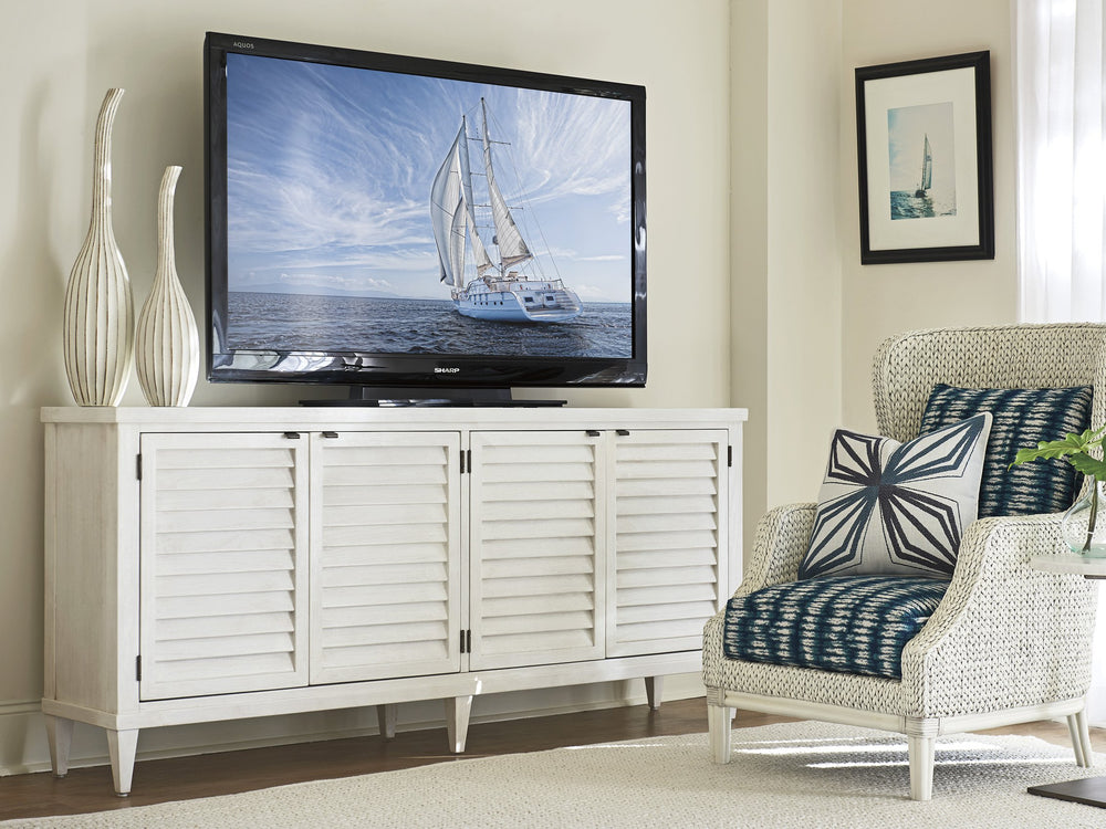 Lexington Tommy Bahama Home Lantern Bay Media Console - Coastal Elegance With Louvered Doors, Adjustable Shelves, And Storage Solutions Caribbean Sands  570-908