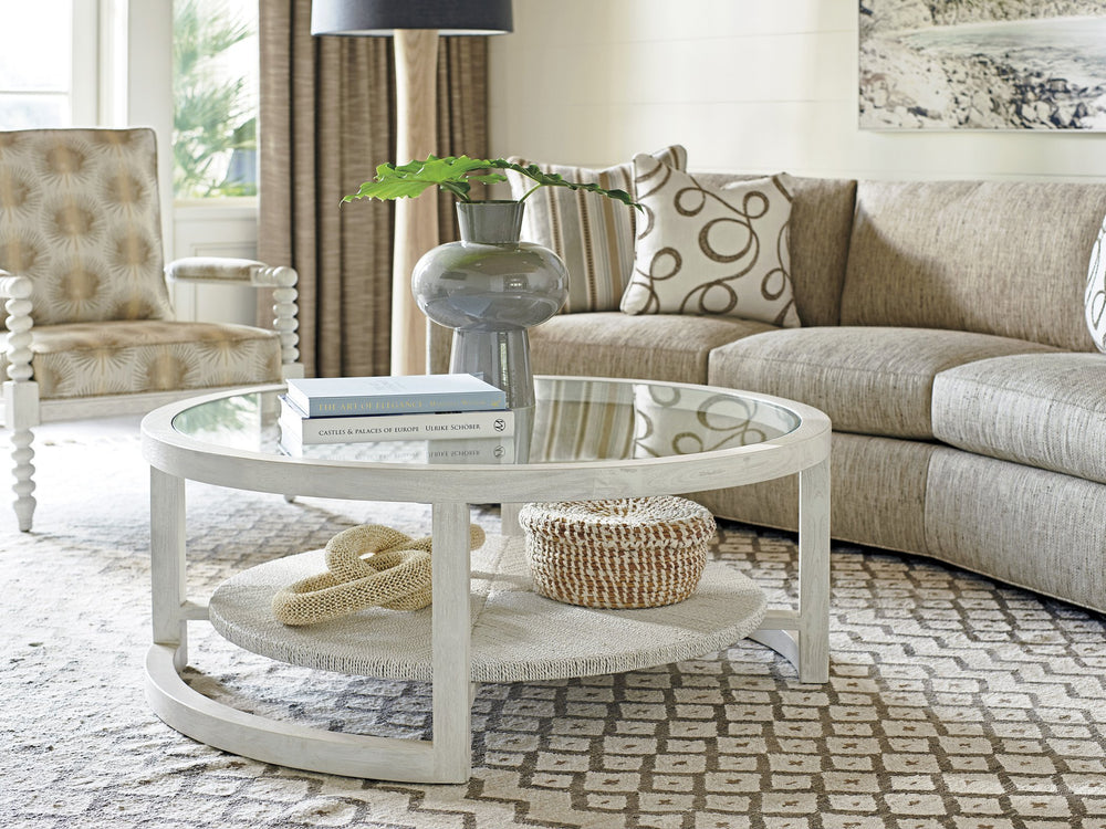 Lexington Tommy Bahama Home Pompano Coastal Cocktail Table With Tempered Glass Top And Twisted Lampakanai Shelf In Caribbean Sands Caribbean Sands  570-947