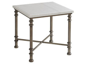 Lexington Tommy Bahama Home Flagler Coastal Elegance End Table With White Marble Top & Burnished Pewter Base For Home Décor Caribbean Sands  570-953