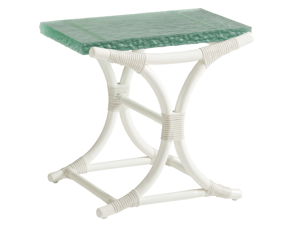 Lexington Tommy Bahama Home Dania Sea Glass End Table - Coastal Elegance With Leather-wrapped Rattan And Textured Glass Top Caribbean Sands  570-954c