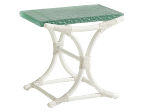 Lexington Tommy Bahama Home Dania Sea Glass End Table - Coastal Elegance With Leather-wrapped Rattan And Textured Glass Top Caribbean Sands  570-954c