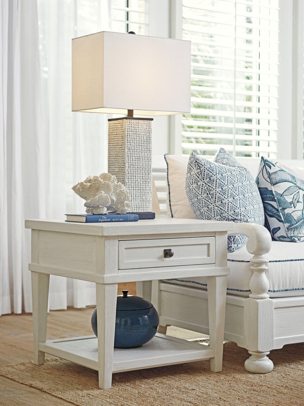 Lexington Tommy Bahama Home Palm Coast End Table - Coastal Elegance With Storage Drawer And Woven Raffia Shelf For Home Decor Caribbean Sands  570-959