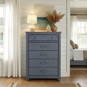 English Elm 5-Drawer Coastal Chest in Corduroy Blue Finish with Felt-Lined Top Drawer & Antique Pewter Hardware B108P193085