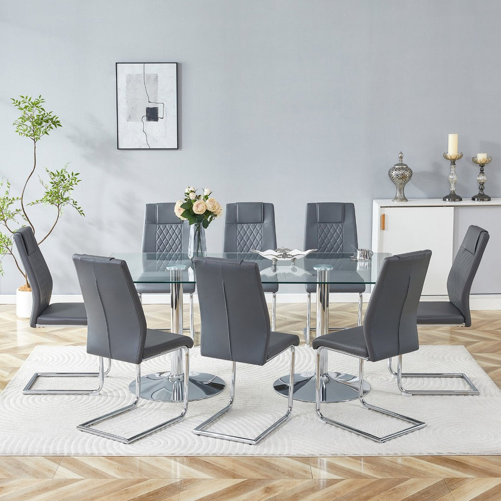 English Elm Table and Chair Set Tempered Glass Top Seats Eight with Pu Leather Dining Chairs Dark Gray,Silver,Transparent W1151S04551