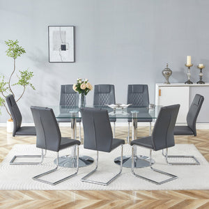 English Elm Table and Chair Set Tempered Glass Top Seats Eight with Pu Leather Dining Chairs Dark Gray,Silver,Transparent W1151S04551