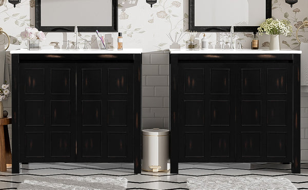 English Elm Modern 48 Inch Freestanding Bathroom Vanity Dual Ceramic Sinks Soft Close Gold Handles N729P000004P
