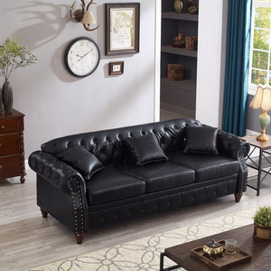 English Elm 85.8" Living Room Chesterfield Sofa with Storage Classic Tufted PU Upholstery Solid Wood Frame, 3-Seater Comfort Black W1097S00148