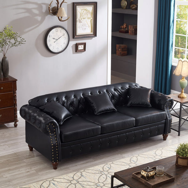 English Elm 85.8" Living Room Chesterfield Sofa with Storage Classic Tufted PU Upholstery Solid Wood Frame, 3-Seater Comfort Black W1097S00148