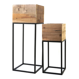 English Elm Set of 2 Reclaimed Wood Box Plant Stands with Iron Legs for Farmhouse Decor W2078P496651