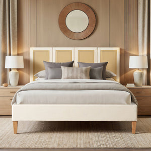 English Elm Jennifer Taylor Home - Toscana Queen Upholstered Cane Back Bed - Coastal Elegance In Antique White With Rattan Panels B2719P385736