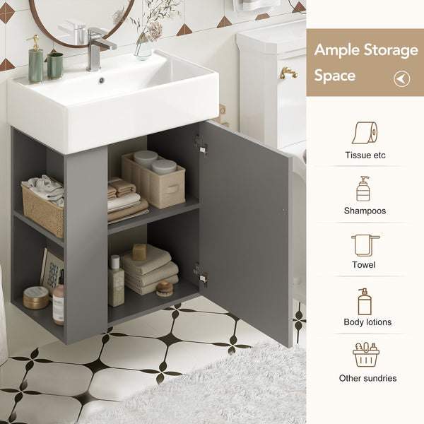 English Elm 21.6" Modern Floating Bathroom Vanity With Ceramic Sink & Open Shelving - Space-Saving Design! N729P170390E