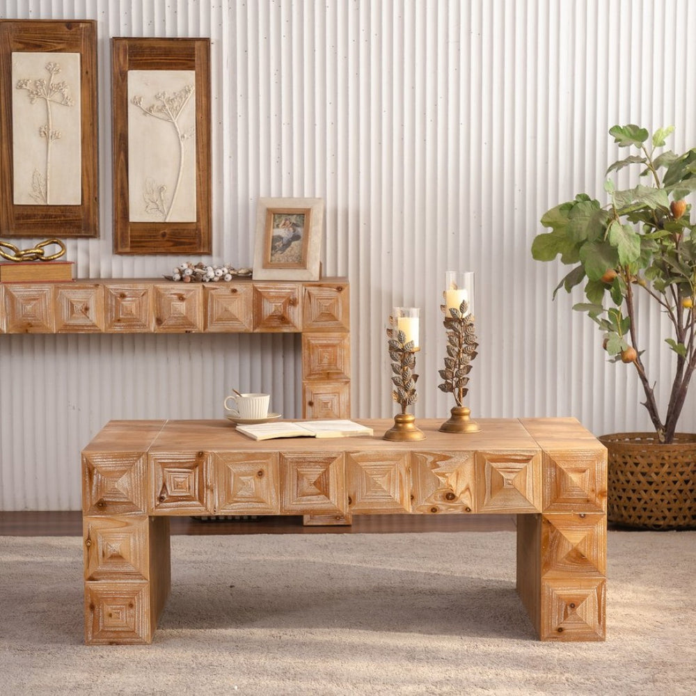 English Elm 47.24" Solid Wood Geometric Relief Carved Rectangular Coffee Table for Boho Living Rooms W3158P426657
