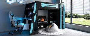 English Elm Twin Gaming Loft Bed with Desk Rgb Lighting and Multi-tier Shelves for Teen Rooms Blue LT000160AAC