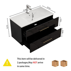 English Elm 36-Inch Modern Wall-Mounted Bathroom Vanity With Gold Handle & Integrated Sink For Stylish Storage W3151S00056