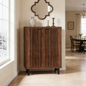 English Elm Wooden Louvered Shoe Cabinet Dark Walnut Finish Entryway Storage Six Shelf T3971P453463