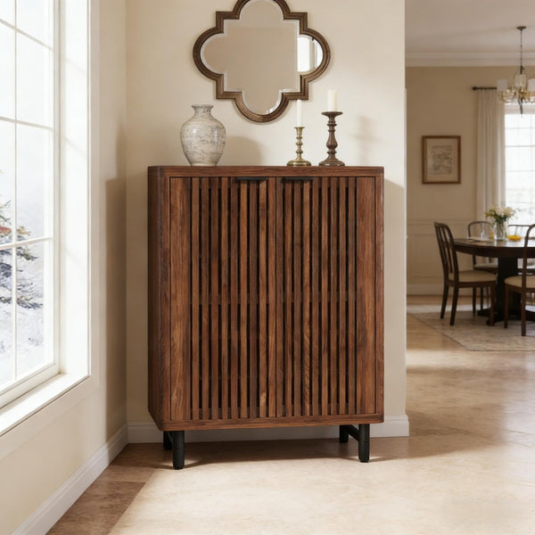 English Elm Wooden Louvered Shoe Cabinet Dark Walnut Finish Entryway Storage Six Shelf T3971P453463