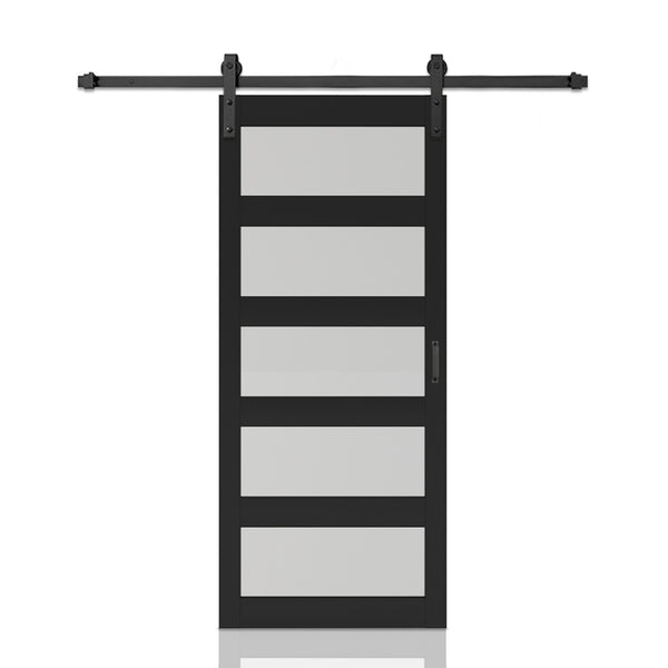 English Elm 30 in Matte Black Steel Sliding Barn Door Frosted Glass Privacy Panel with Hardware B2763P483235