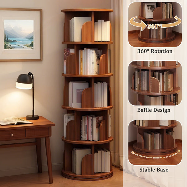 English Elm 5 Tier Rotating Bookshelf Tower with 360° Spin, Space-Saving Corner Display, Modern MDF Storage Unit Walnut W3204P355670