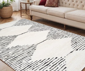 HomeRoots 4' Striped Wool Area Rug in Ivory, Gray & Black – Hand-Woven Artisan Design for Cozy Spaces 5' X 7' 571019