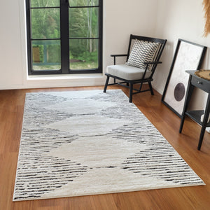 HomeRoots 4' Striped Wool Area Rug in Ivory, Gray & Black – Hand-Woven Artisan Design for Cozy Spaces 5' X 7' 571019