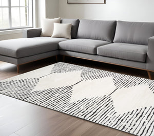 HomeRoots 4' Striped Wool Area Rug in Ivory, Gray & Black – Hand-Woven Artisan Design for Cozy Spaces 8' X 10' 571020