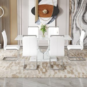 English Elm Table Modern Marble Pattern Dining Set - 71"X35.4" Glass Table With 6 Elegant White Pu Chairs W1151S02114-GIGA