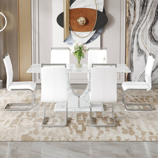 English Elm Table Modern Marble Pattern Dining Set - 71"X35.4" Glass Table With 6 Elegant White Pu Chairs W1151S02114-GIGA