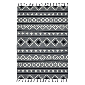 HomeRoots 5' Wool Tribal Flatweave Handmade Area Rug with Fringe - Versatile Gray, White, and Black Design 5' X 8' 571080