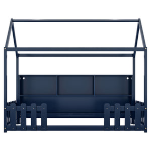 English Elm Twin House Bed with LED Light and Built-In Bookshelf, Solid Wood Playhouse Design for Kids Safety Navy Blue 78.15 L x 15.75 W x 6.1 H W2593P269090