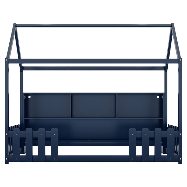 English Elm Twin House Bed with LED Light and Built-In Bookshelf, Solid Wood Playhouse Design for Kids Safety Navy Blue 78.15 L x 15.75 W x 6.1 H W2593P269090