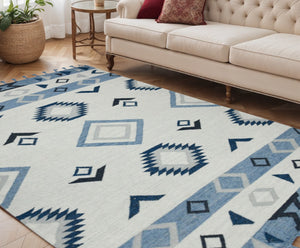 HomeRoots 5' Handmade Wool Flatweave Area Rug in Sky Blue, Gray, and Black – Tribal Design with Fringe 5' X 8' 571084