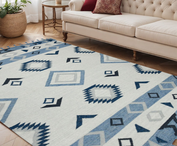 HomeRoots 5' Handmade Wool Flatweave Area Rug in Sky Blue, Gray, and Black – Tribal Design with Fringe 5' X 8' 571084