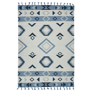 HomeRoots 5' Handmade Wool Flatweave Area Rug in Sky Blue, Gray, and Black – Tribal Design with Fringe 5' X 8' 571084