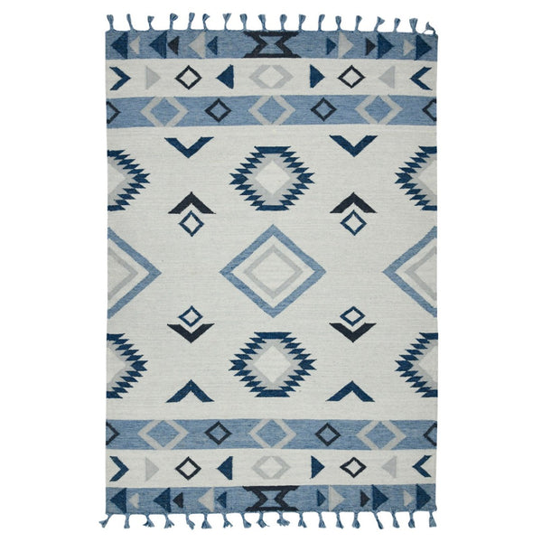 HomeRoots 5' Handmade Wool Flatweave Area Rug in Sky Blue, Gray, and Black – Tribal Design with Fringe 5' X 8' 571084