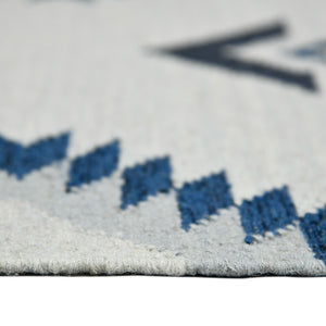 HomeRoots 5' Handmade Wool Flatweave Area Rug in Sky Blue, Gray, and Black – Tribal Design with Fringe 5' X 8' 571084