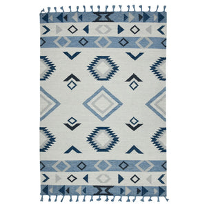 HomeRoots 5' Handmade Wool Flatweave Area Rug in Sky Blue, Gray, and Black – Tribal Design with Fringe 5' X 8' 571084