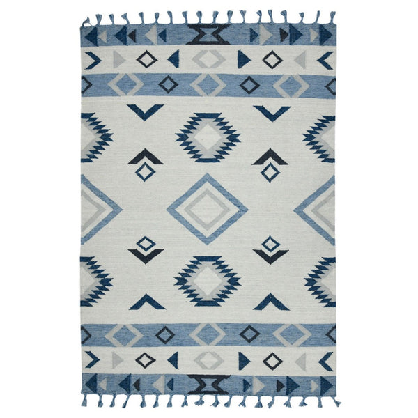 HomeRoots 5' Handmade Wool Flatweave Area Rug in Sky Blue, Gray, and Black – Tribal Design with Fringe 5' X 8' 571084